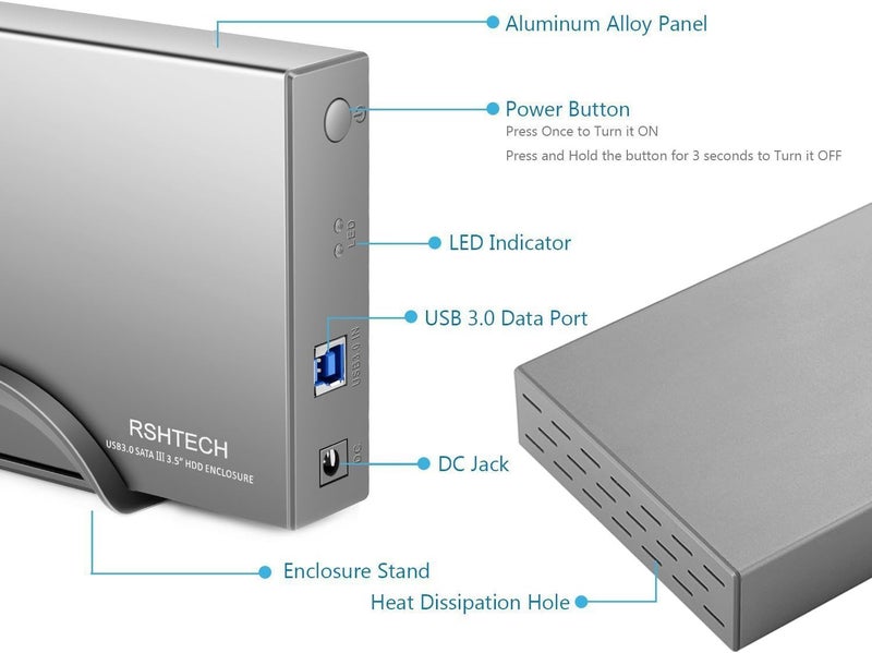 Rshtech Hard Drive Enclosure USB 3.0 to SATA Aluminum External Hard Drive Dock Case for 3.5 inch HDD SSD up to 16TB Drives, Support UASP (RSH-339) - Image 5